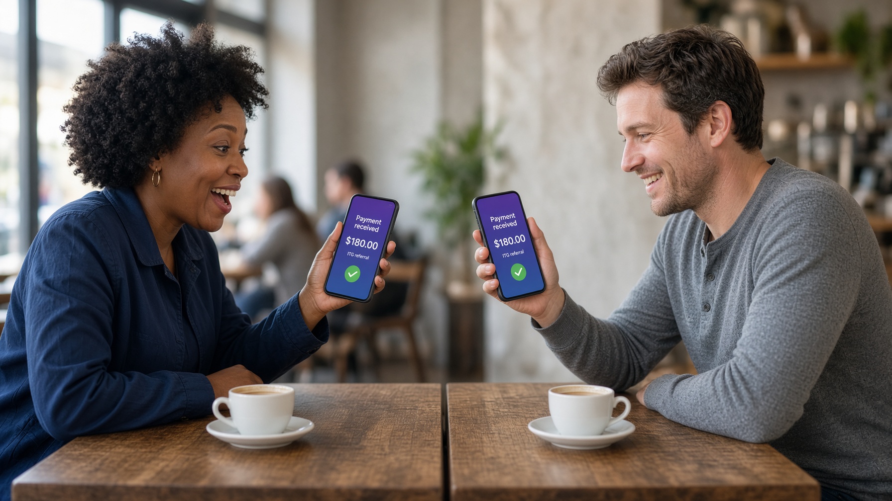 Two people at separate coffee shop tables, each surprised by an ITG referral payment on their phone